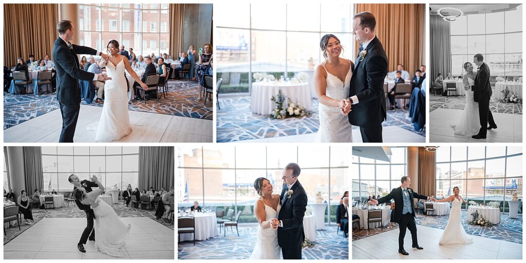 bride and groom share their first dance at their wedding reception. They twirl on the dance floor of westin buffalo