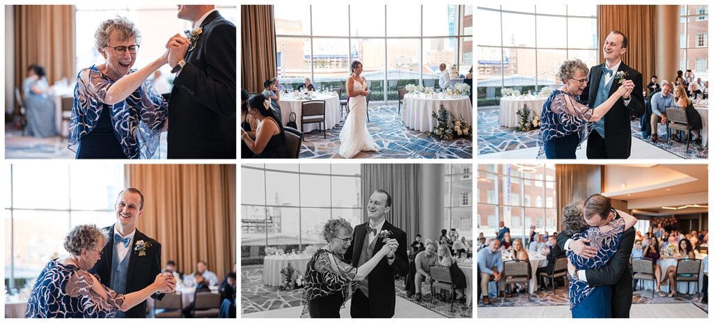 groom shares a dance with his mother at their wedding