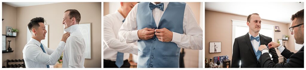 grooms best man puts on his tie on the wedding morning