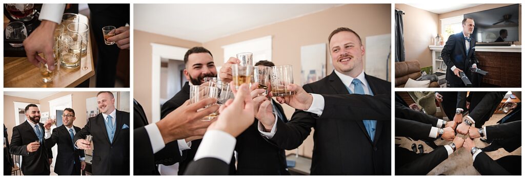 groomsmen toast glasses on the wedding morning