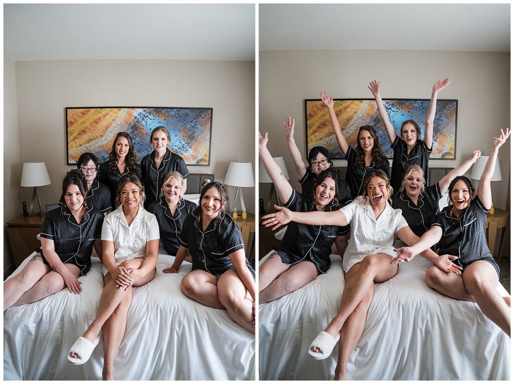bride and bridesmaids pose for photos on hotel bed