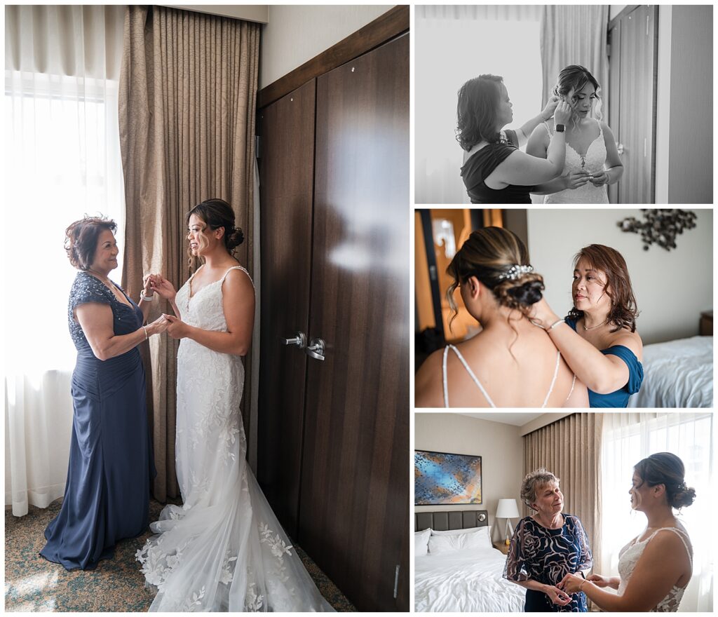 Bride gets into her wedding dress on the wedding morning