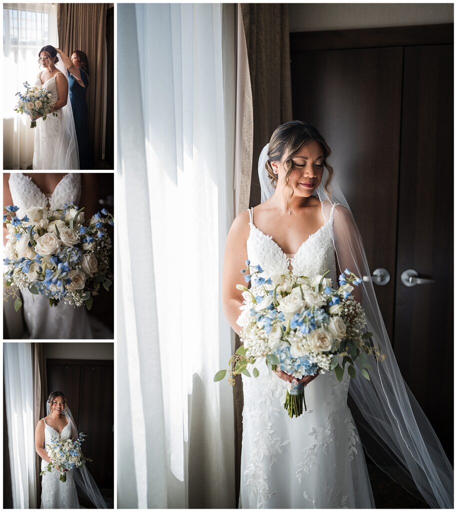 bride poses for a bridal portrait near a window with her bridal bouquet