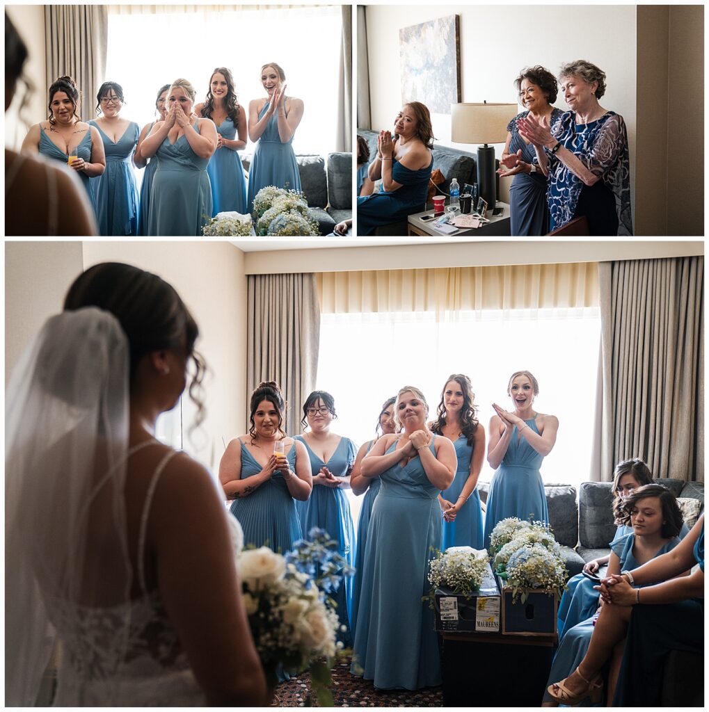 bridesmaids see bride in her wedding dress for the first time