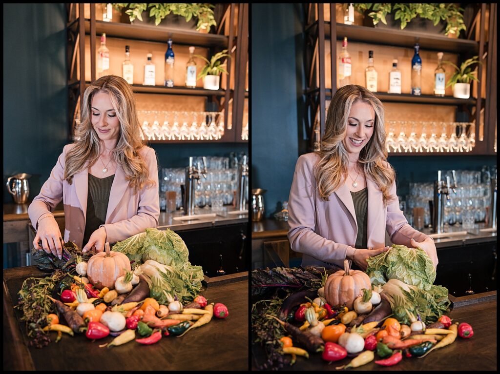 caterer jennifer styles produce on counter of the show at sheas seneca