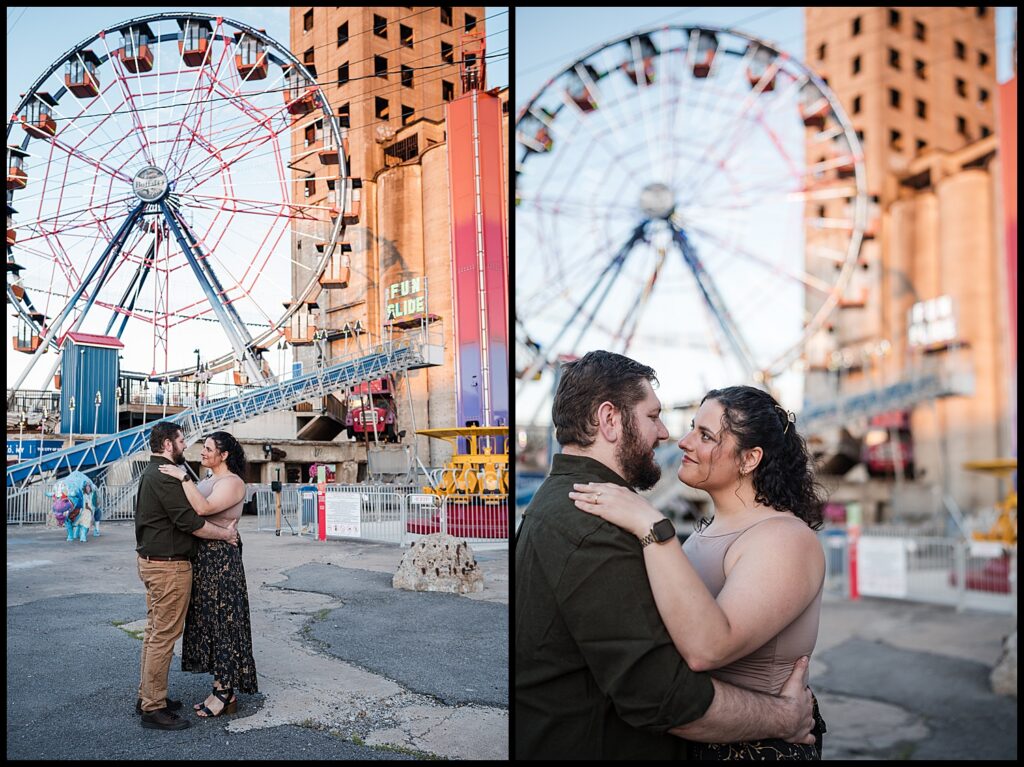 couple in front of buffalo riverworks ferris wheel